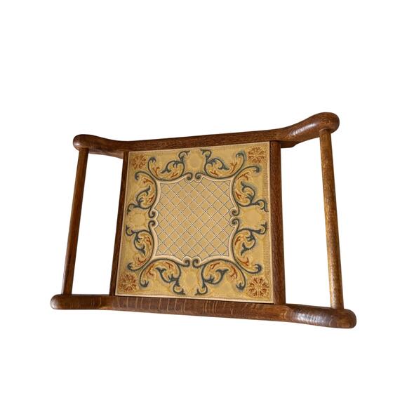 Antique vintage wood serving tray with handles handcrafted 13.5" ceramic tile - Picture 6 of 13